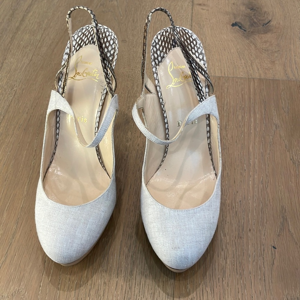 Christian Louboutin Fine Bretelle 140 Naturalle Rocco’s Snakeskin Canvas Heels